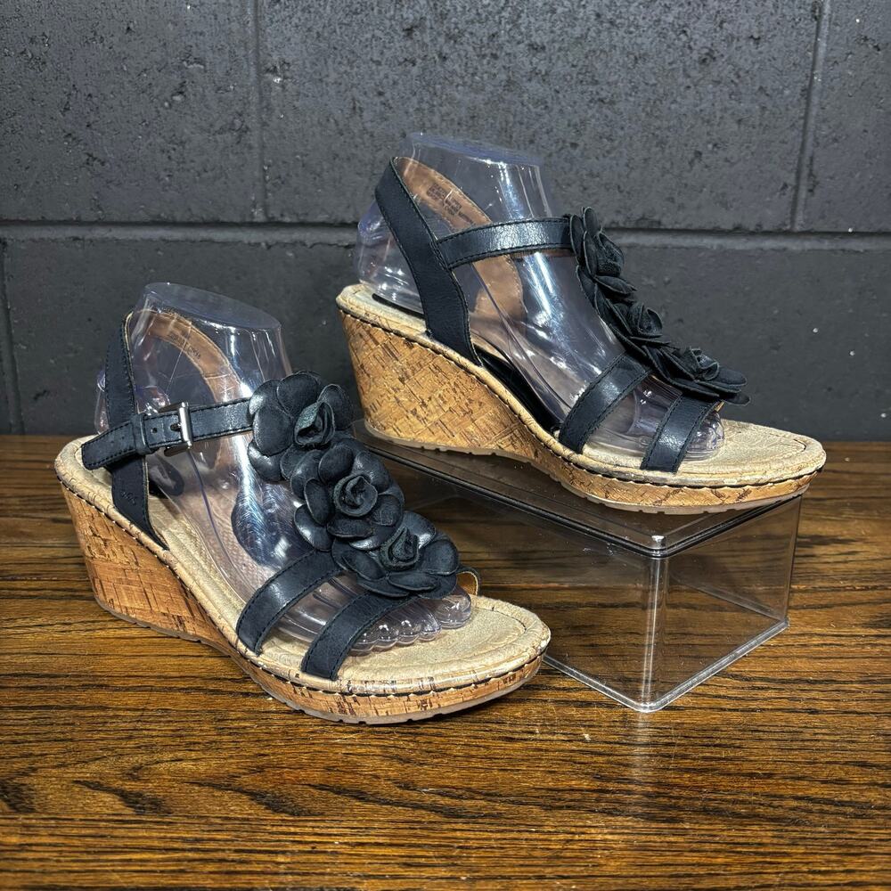 B.O.C. Born Concept Black Leather Floral Cork Wedge Sandals Women’s 9
